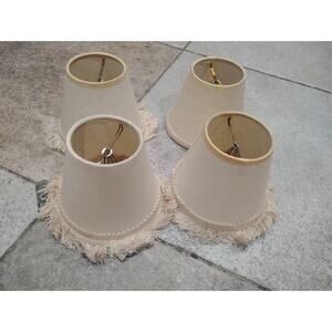 4 Small Vintage Lamp Shades Tan/Beige With Fringe 4.5" Tall